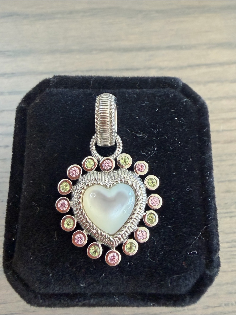 Judith Ripka Sterling Silver Mother of Pearl Heart Pendant w Pink and Green CZ